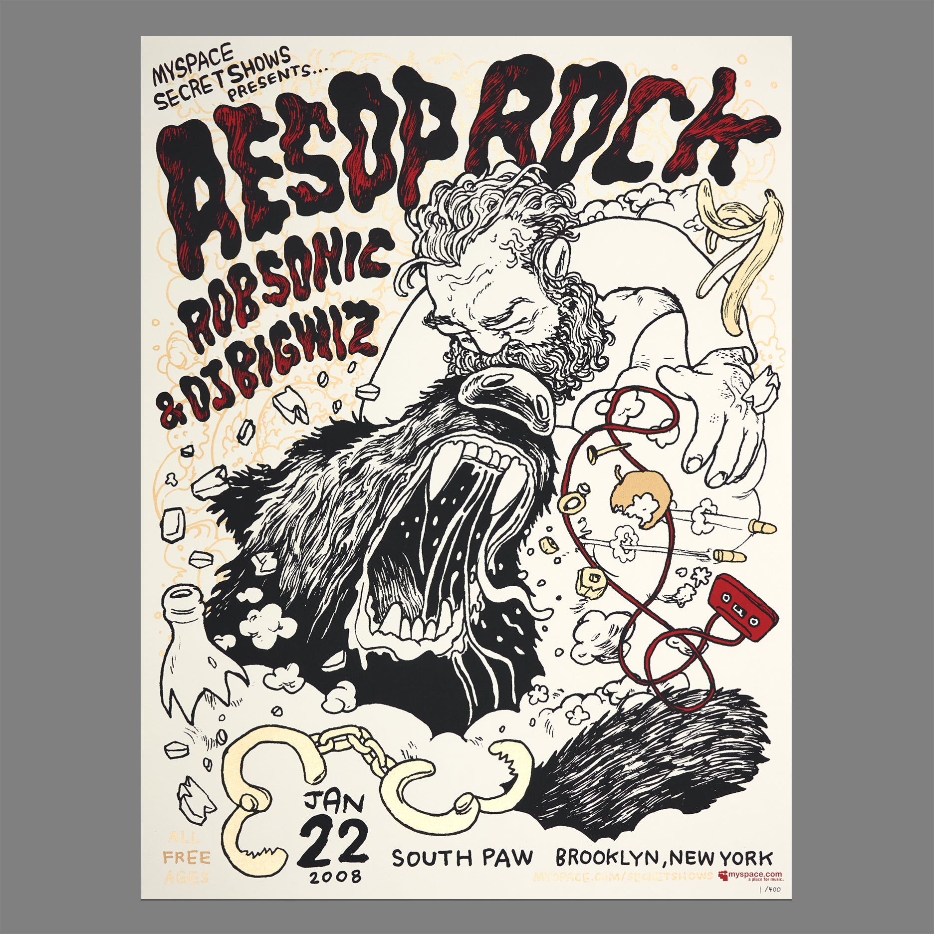 Aesop Rock / Rob Sonic - 2008 MySpace Secret Show 18X24 Inch Silkscreened Poster Number 1 Of 400