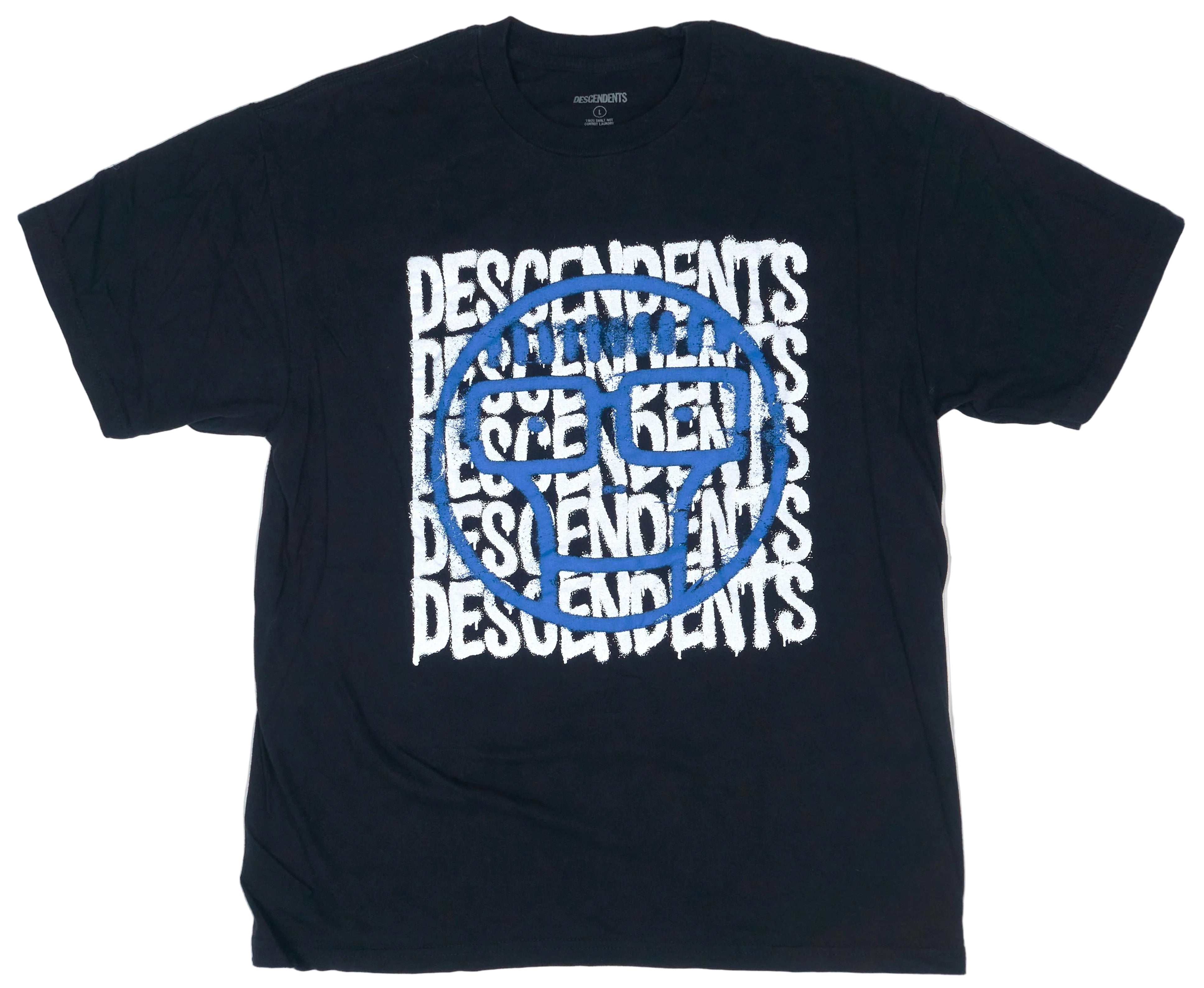 A black t-shirt with the Descendents band name and '9th And Walnut' text in a repeating pattern in white and blue.