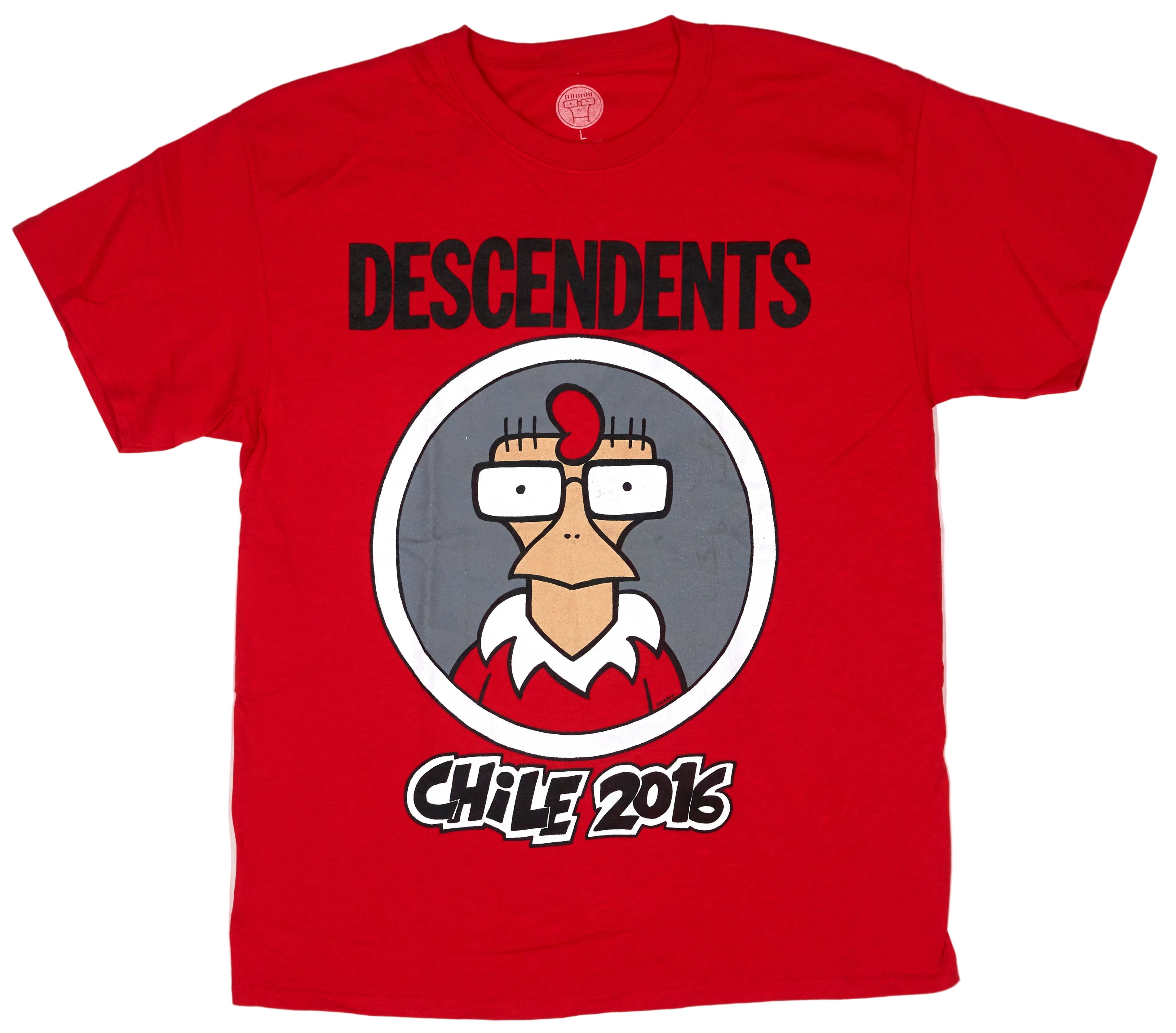 A red T-shirt featuring a graphic print of a cartoon character and the text 'DESCENDENTS CHILE 2016'.