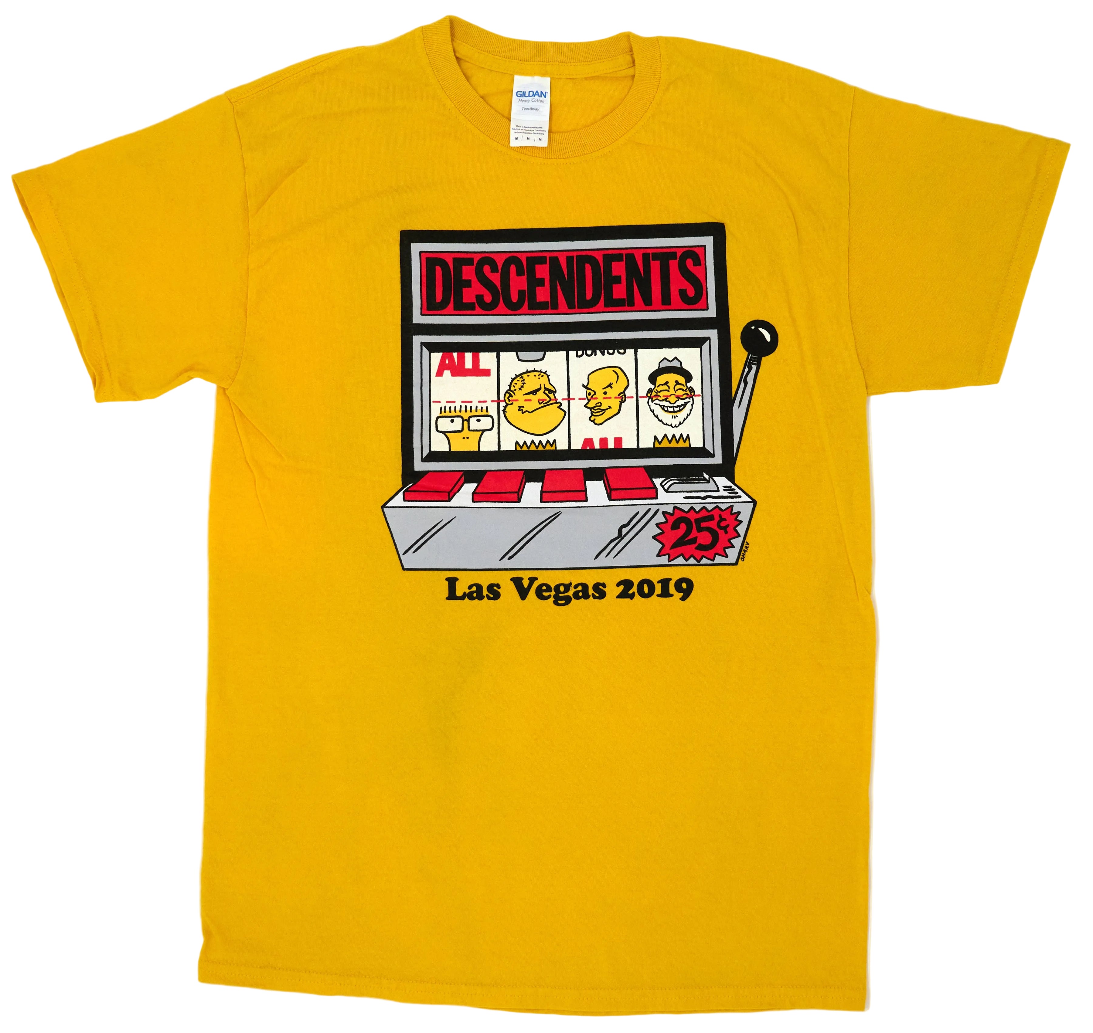 Yellow t-shirt with a slot machine graphic and 'Descendents' text on a white background