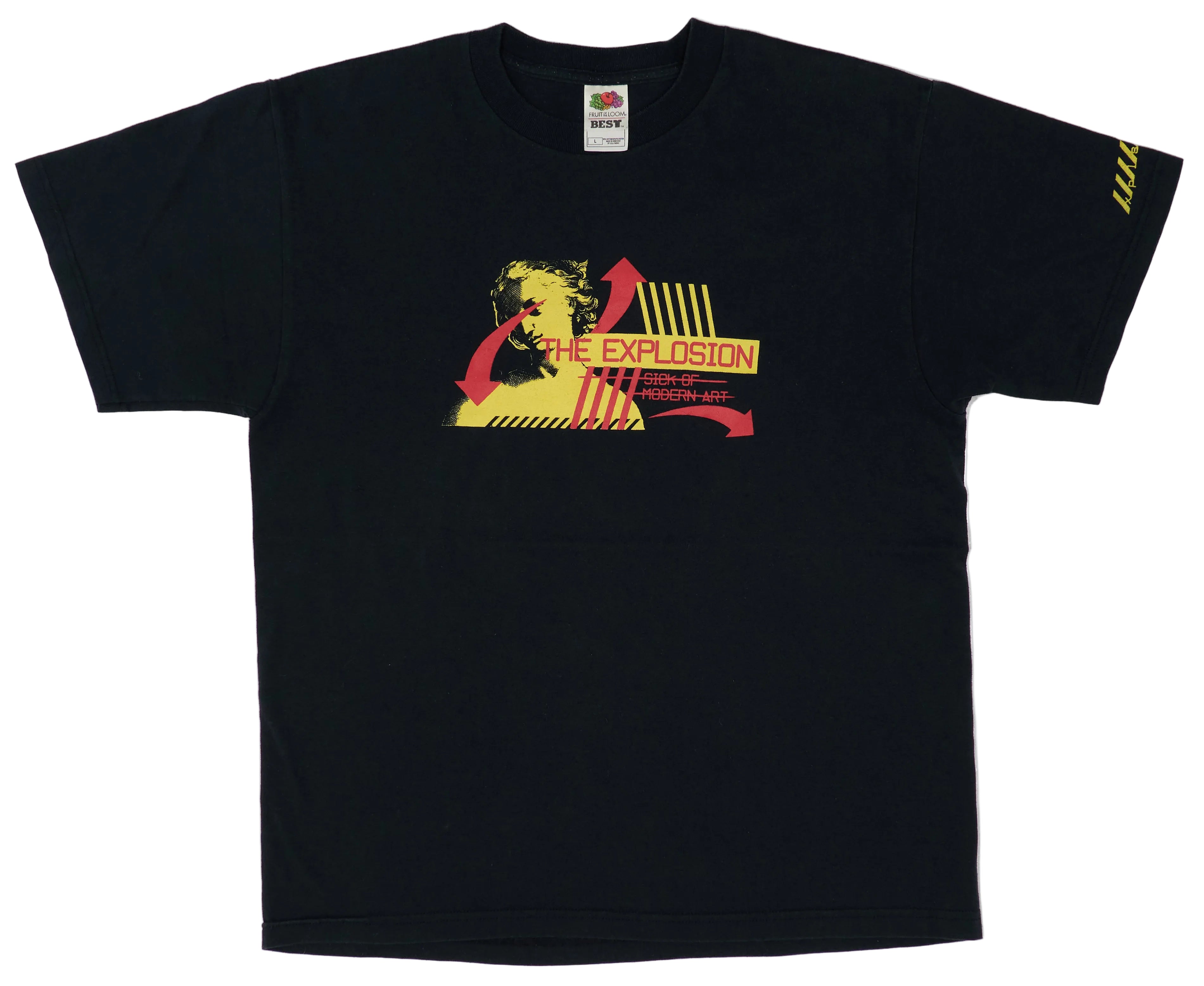 A black t-shirt with a graphic print of 'The Explosion' band logo in yellow and red.
