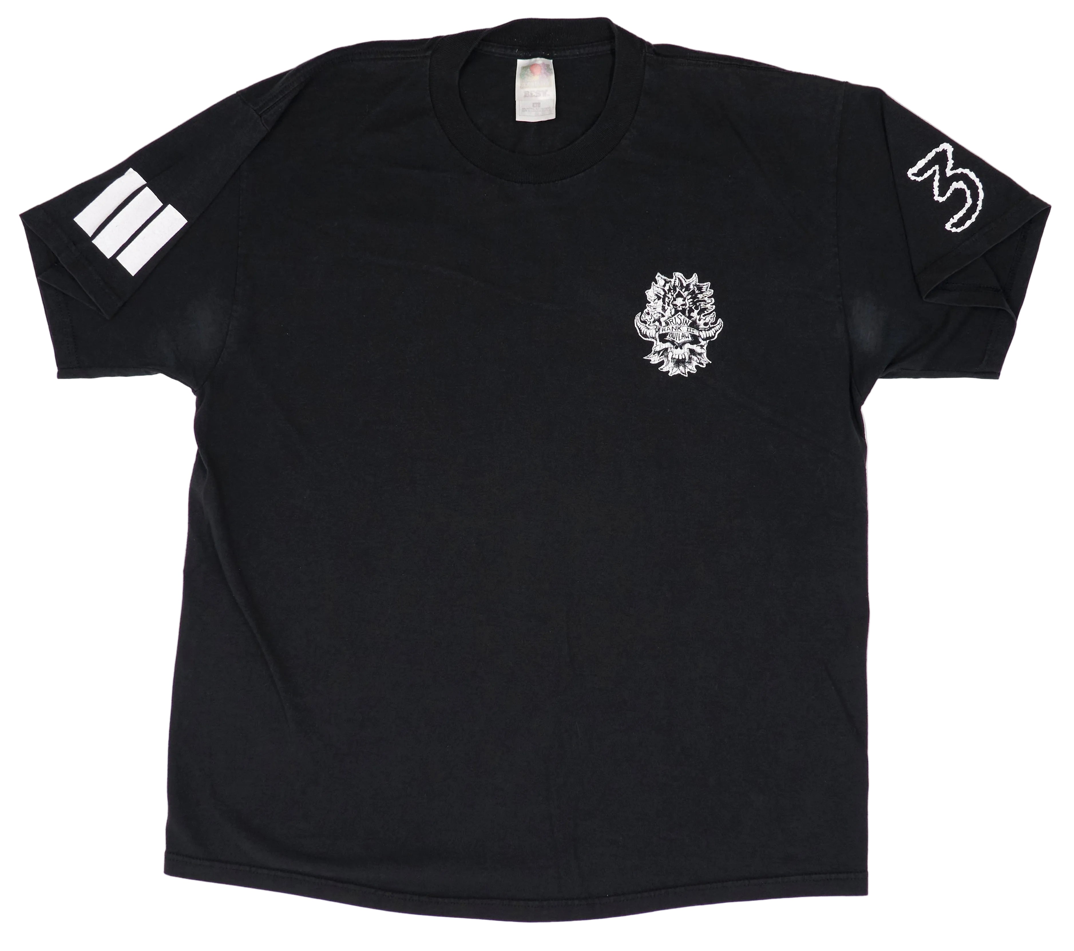 Black t-shirt with a graphic of Hank Williams III in the center and the text 'Risin Outlaw Honkey Tonkin' N Outlaw Rockin' Tour 1999' on the lower part of the shirt.