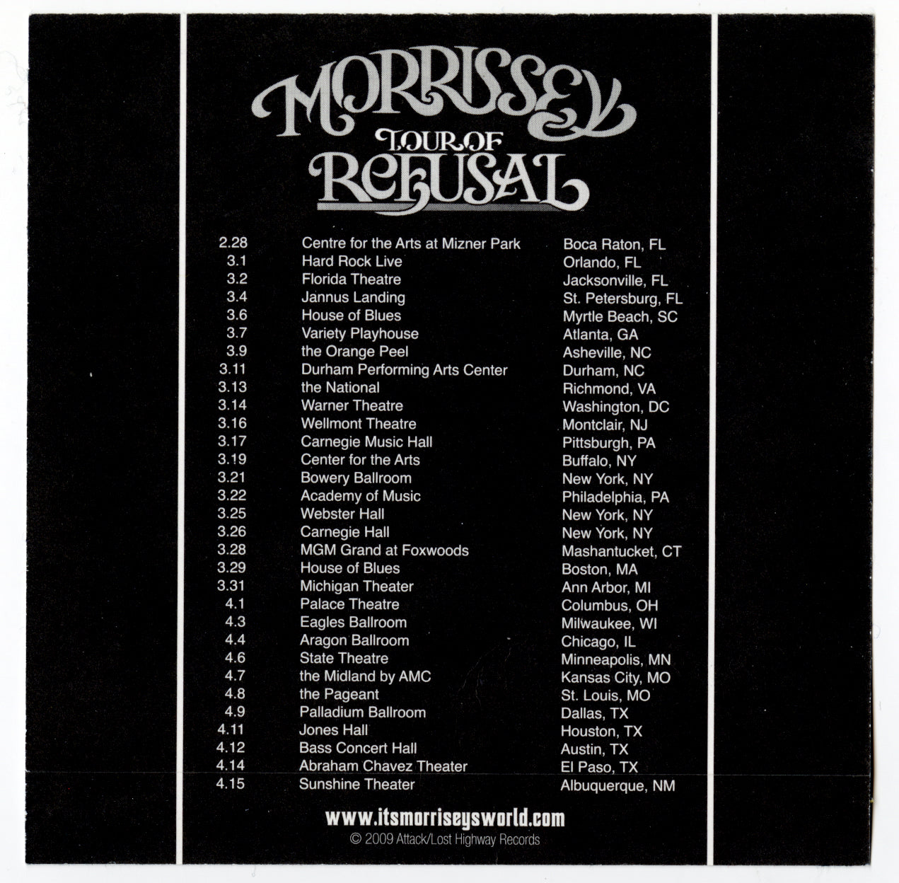 Morrissey - Tour Of Refusal North American Promo 2009 Tour Sticker