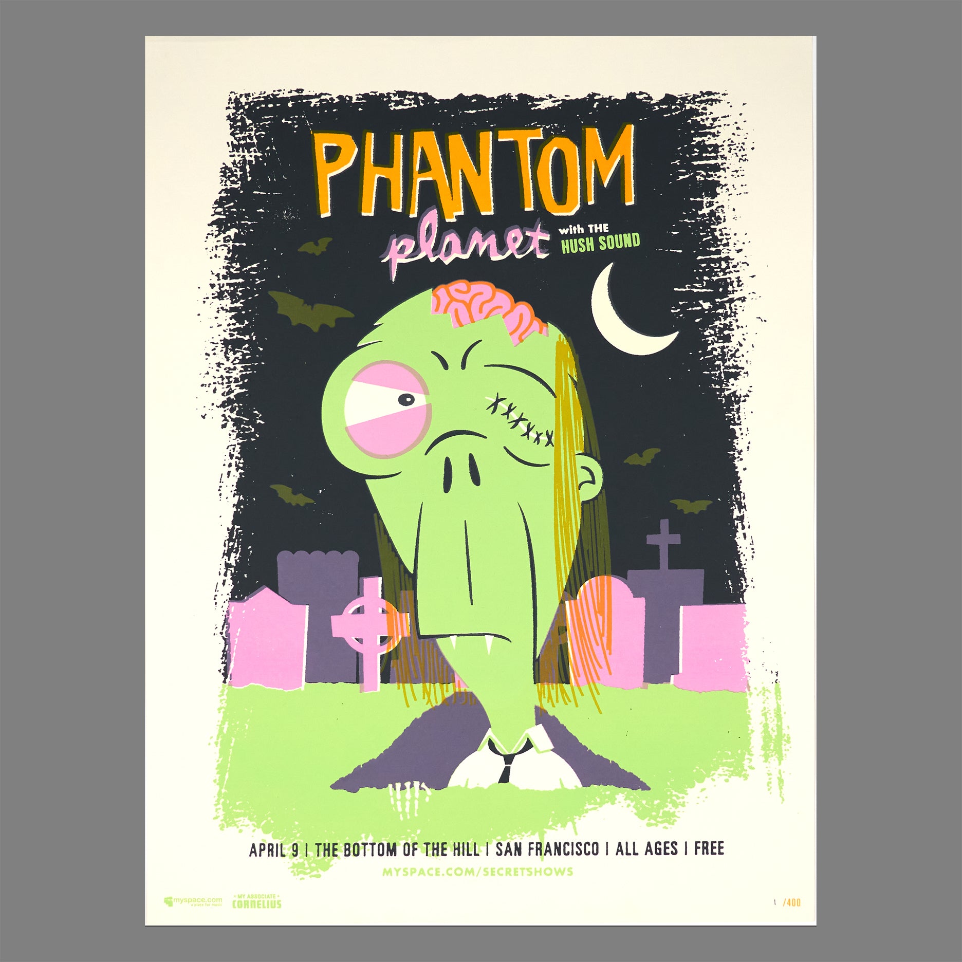 Phantom Planet / Hush Sound - 2008 MySpace Secret Show 18X24 Inch Glow In The Dark Silkscreened Poster Number 1 Of 400