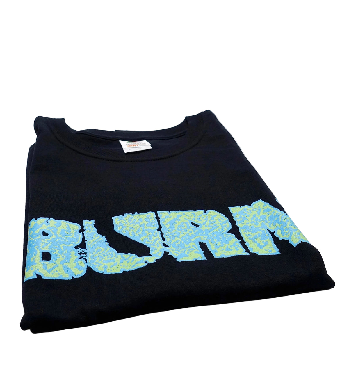 A black T-shirt with the word 'BURN' written in a stylized blue and yellow font across the chest.