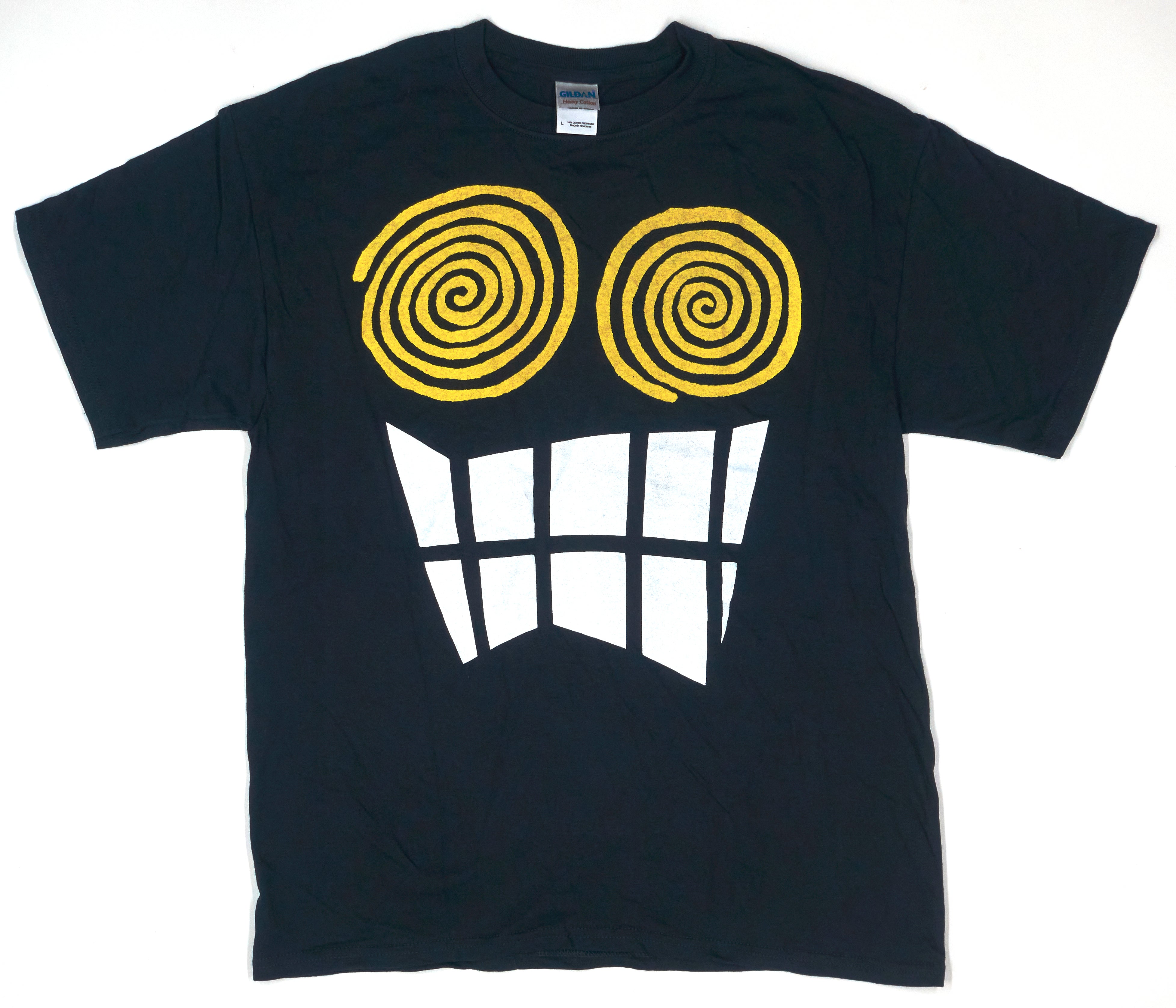 Black T-shirt with a graphic design of stylized eyes and teeth on the front.