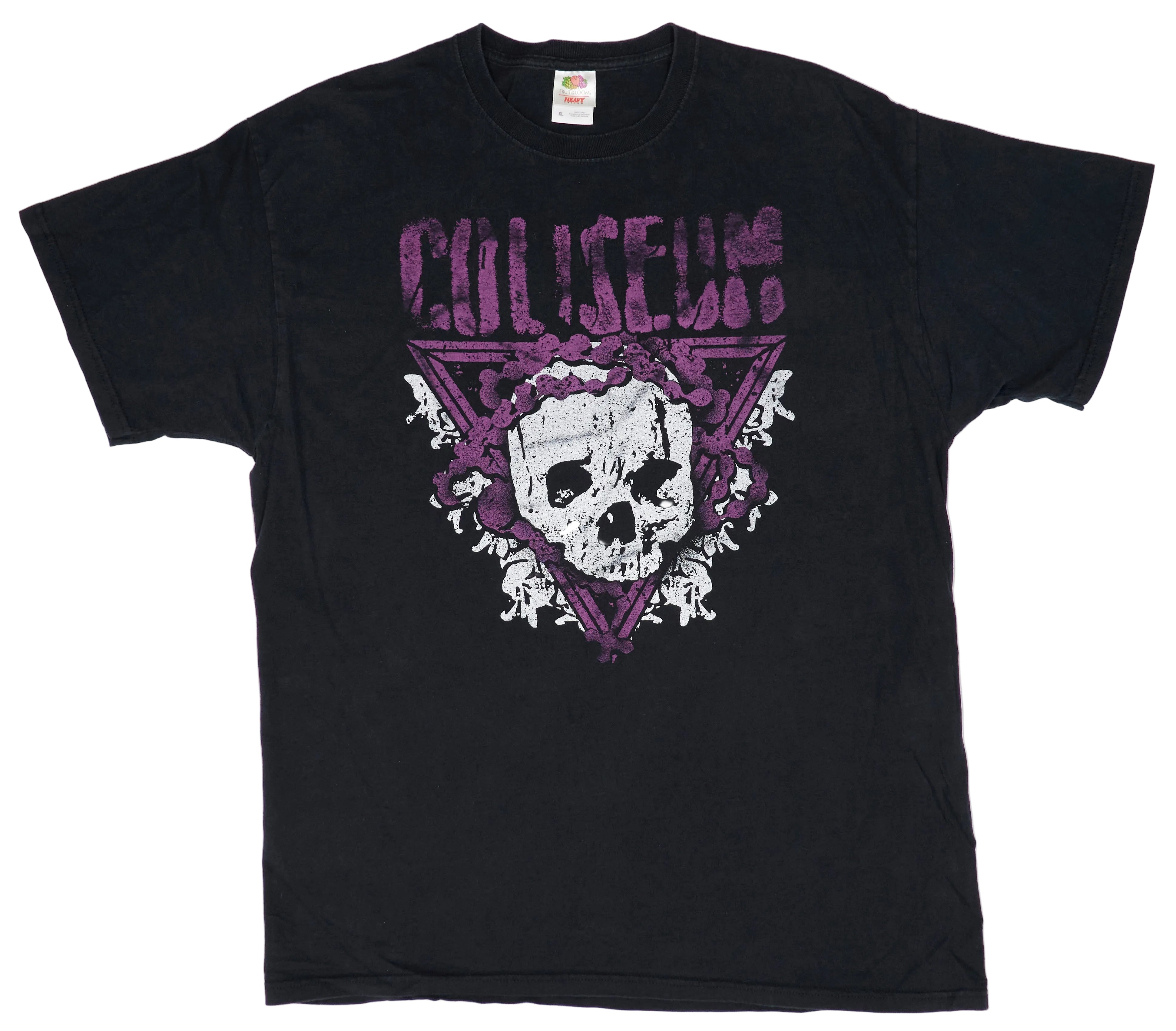 A black t-shirt with a graphic print of a skull and the text 'COLISEUM' in a stylized font, along with other related graphics and text.