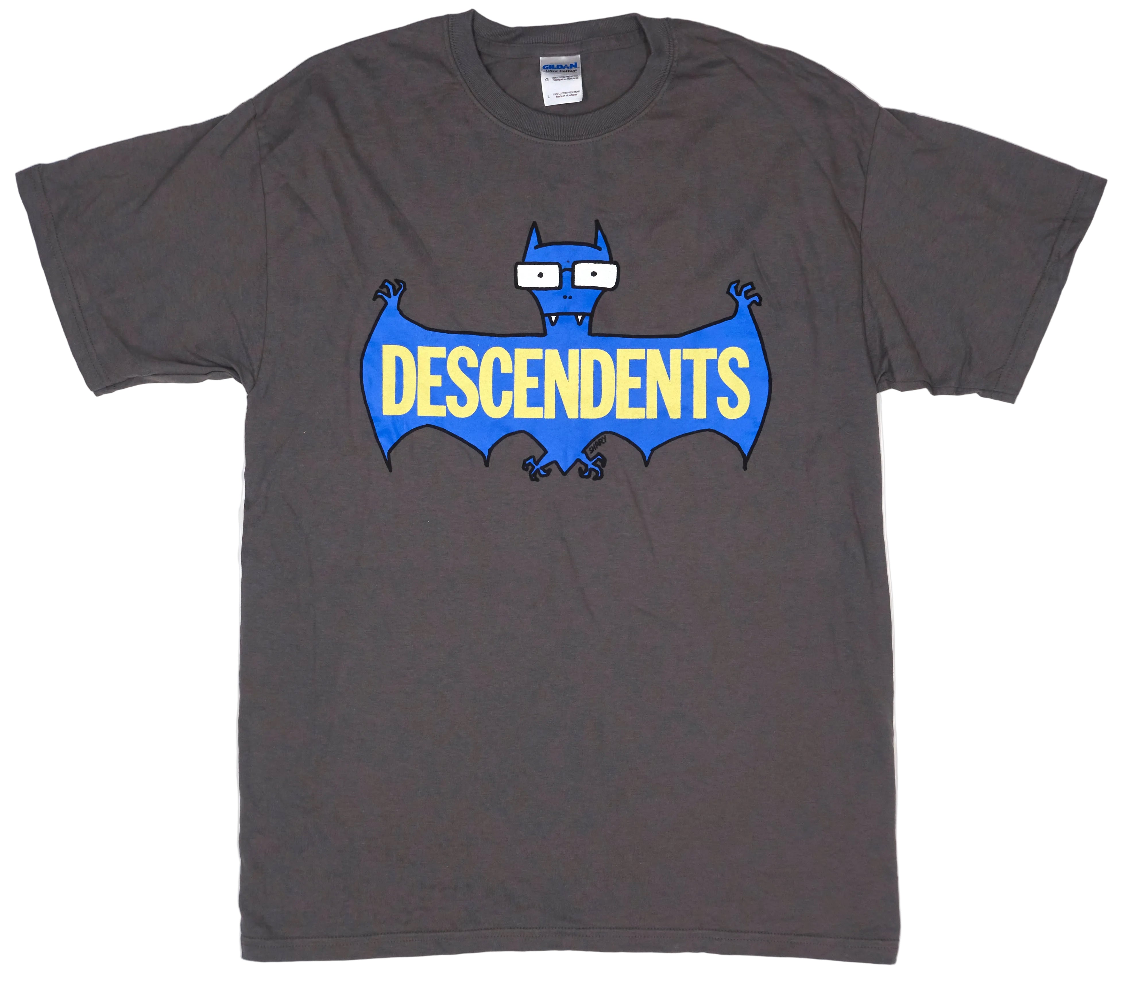 A gray t-shirt with the Descendents band logo in blue.