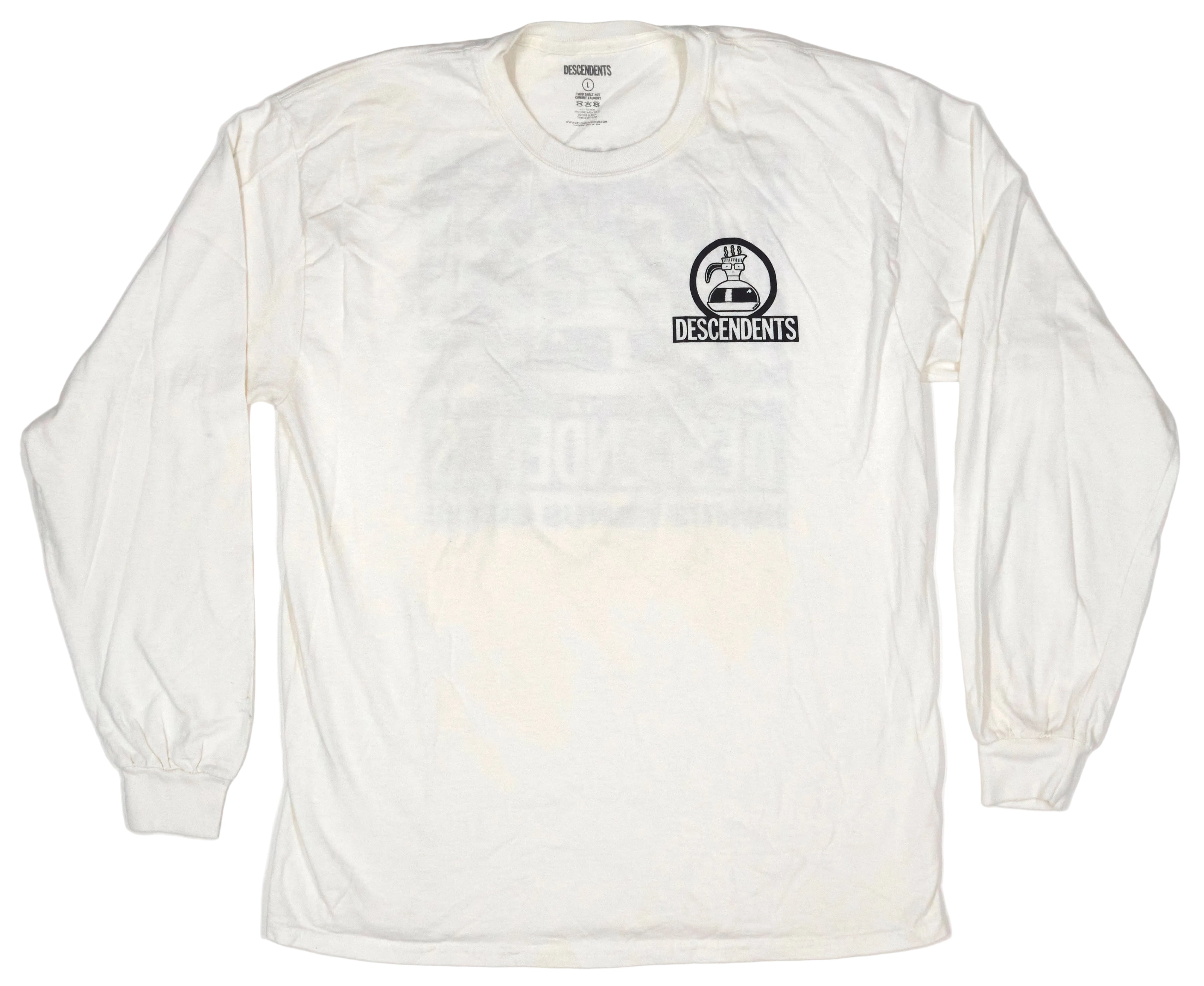 A long sleeve white t-shirt with the Descendents band logo printed on the front.