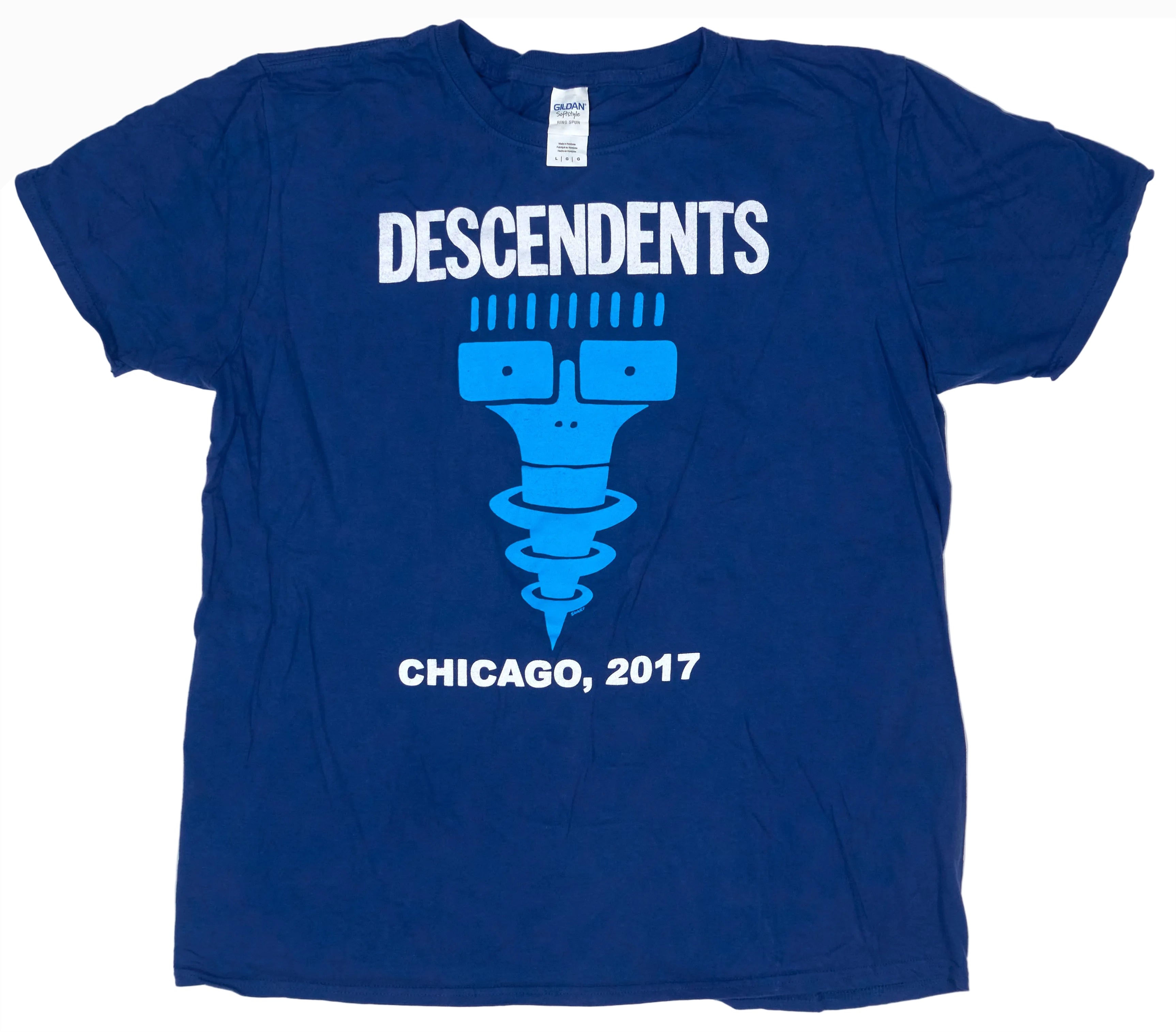 A blue t-shirt with 'Descendents' band logo and 'Chicago, 2017' printed on the front.