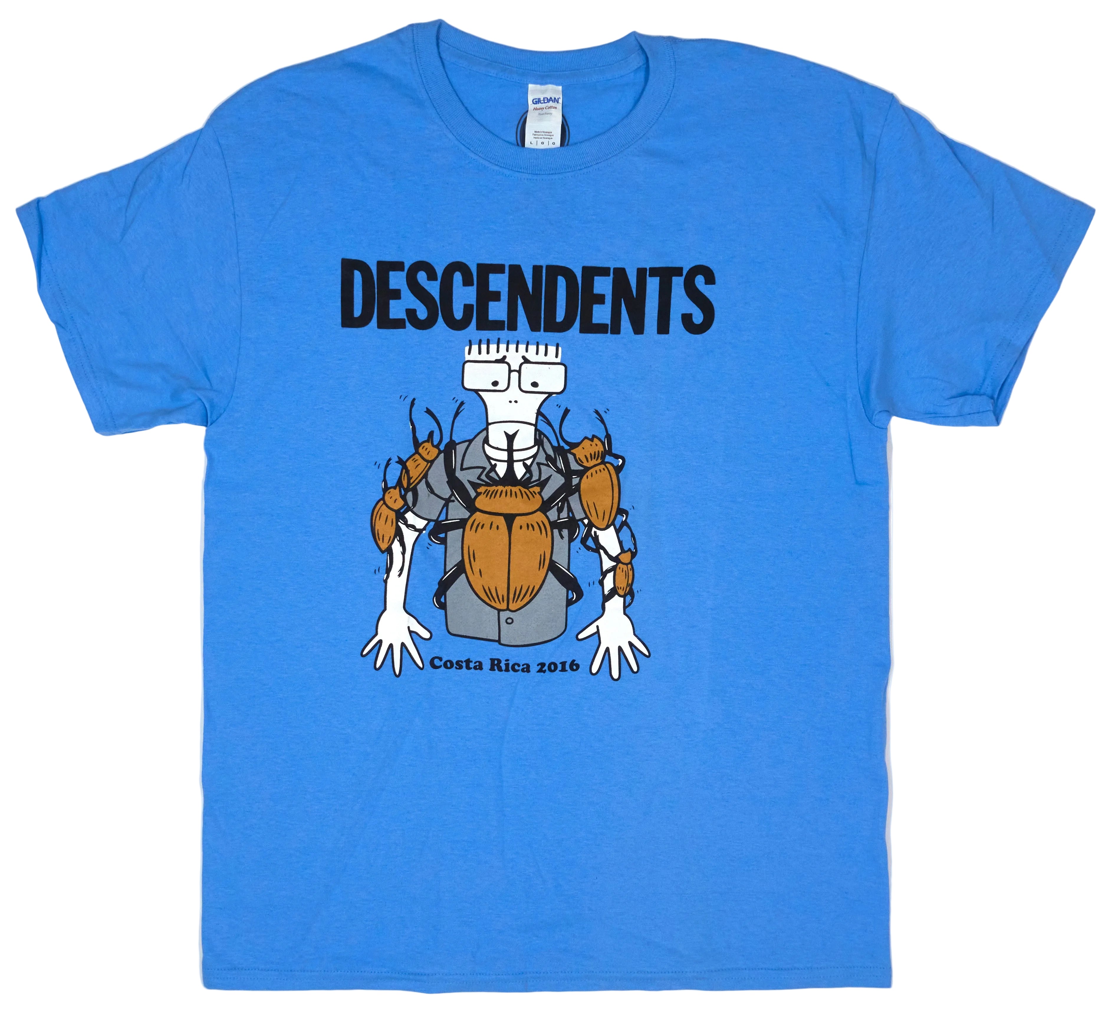 A blue t-shirt with the Descendents band logo and the text 'Costa Rica 2016 Tour' printed on the front.