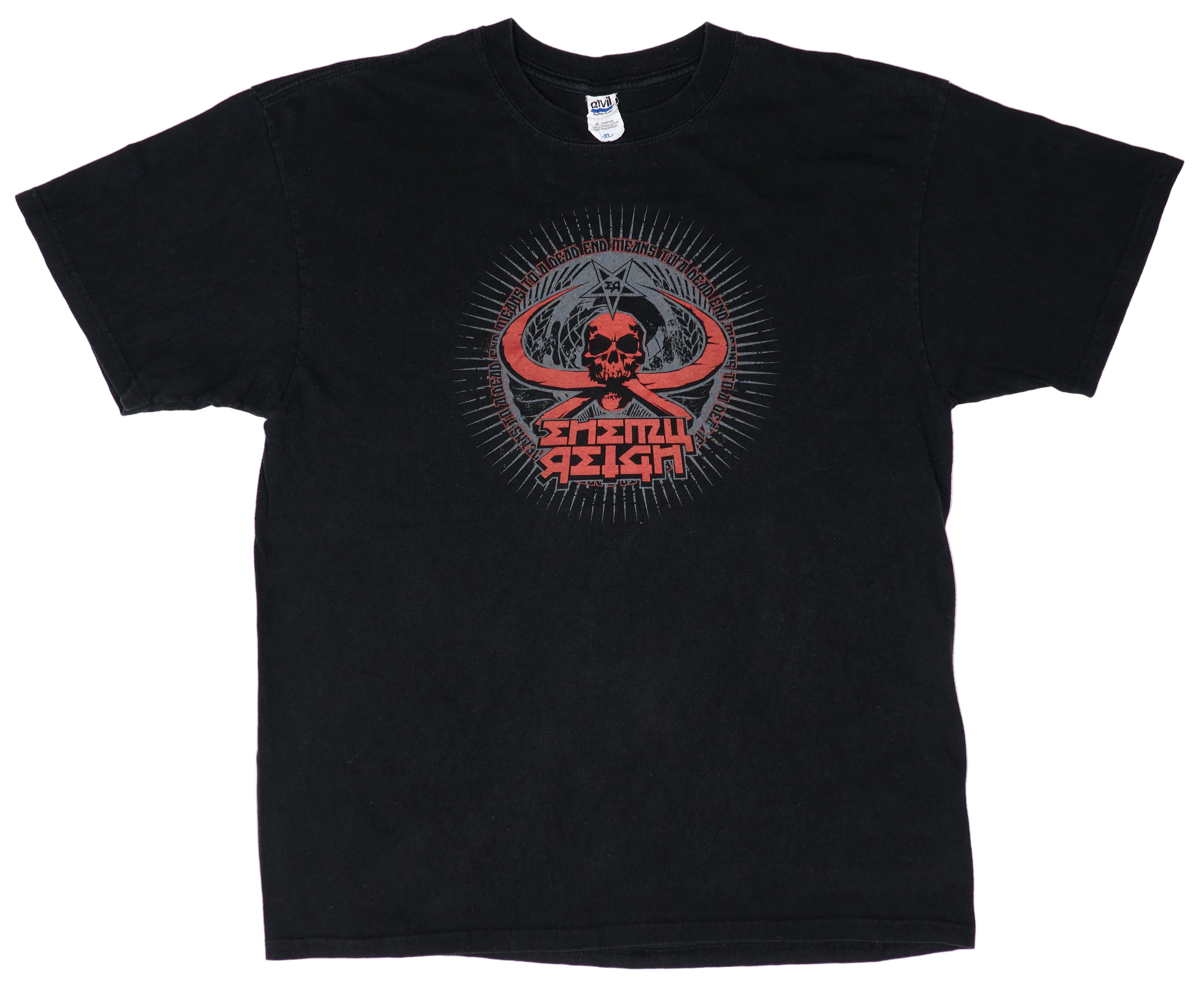 Black T-shirt with a graphic print in the center that includes text and a skull design, indicative of a punk or metal band merchandise.