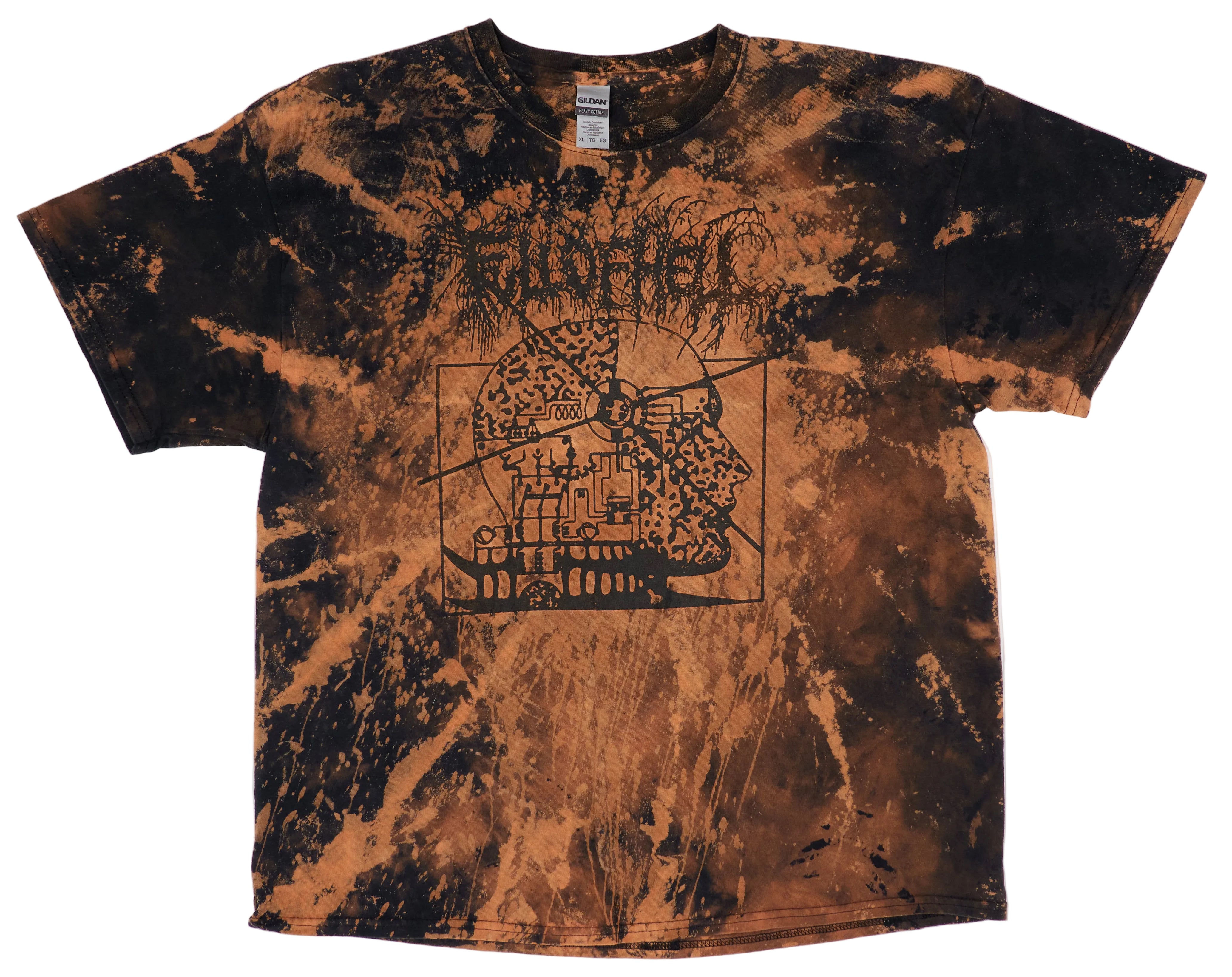 A brown and black marbled textured shirt with a graphic design in the center, featuring the text 'FULL OF HELL'.
