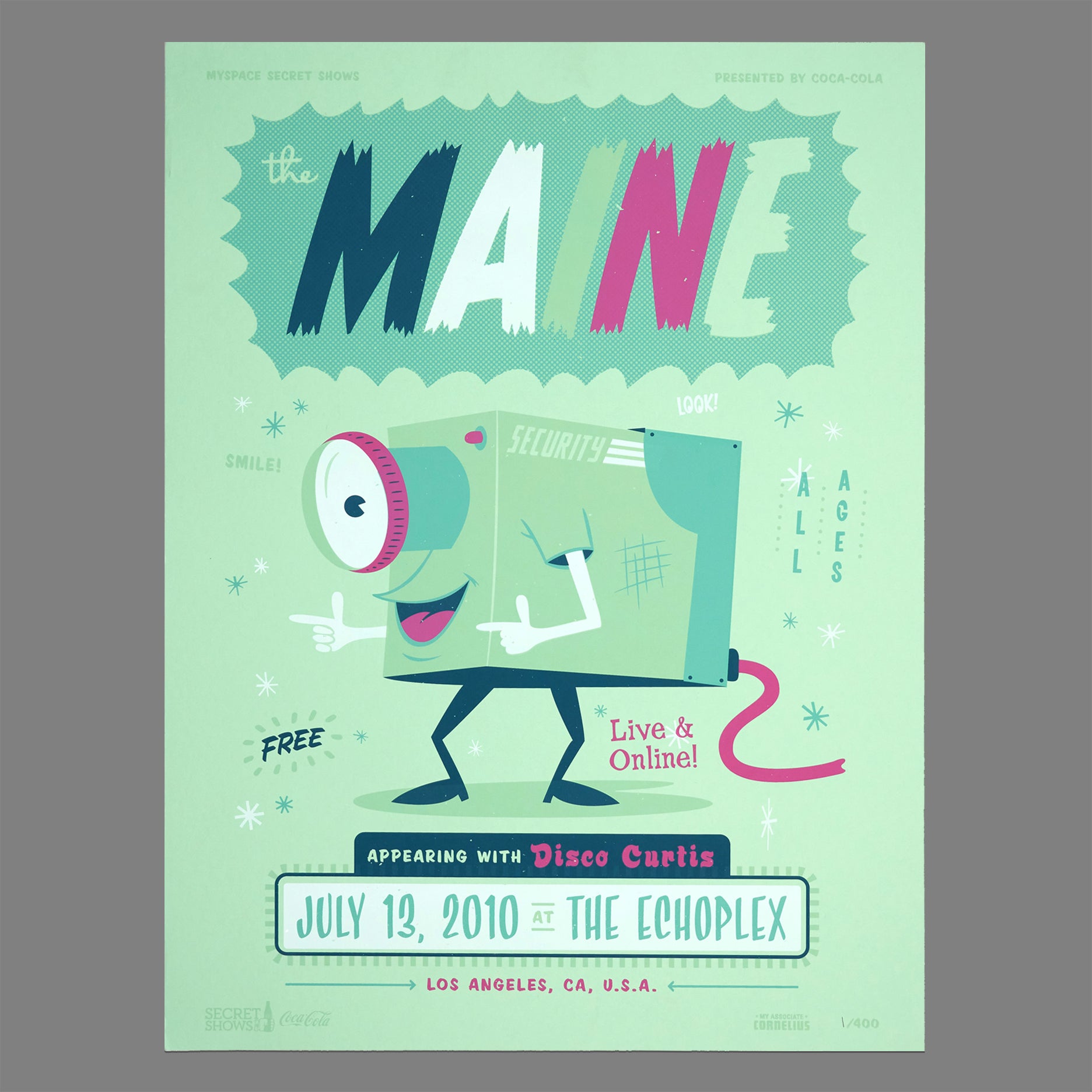 Maine / Disco Curtis - 2010 MySpace Secret Show 18X24 Inch Silkscreened Poster Number 1 Of 400