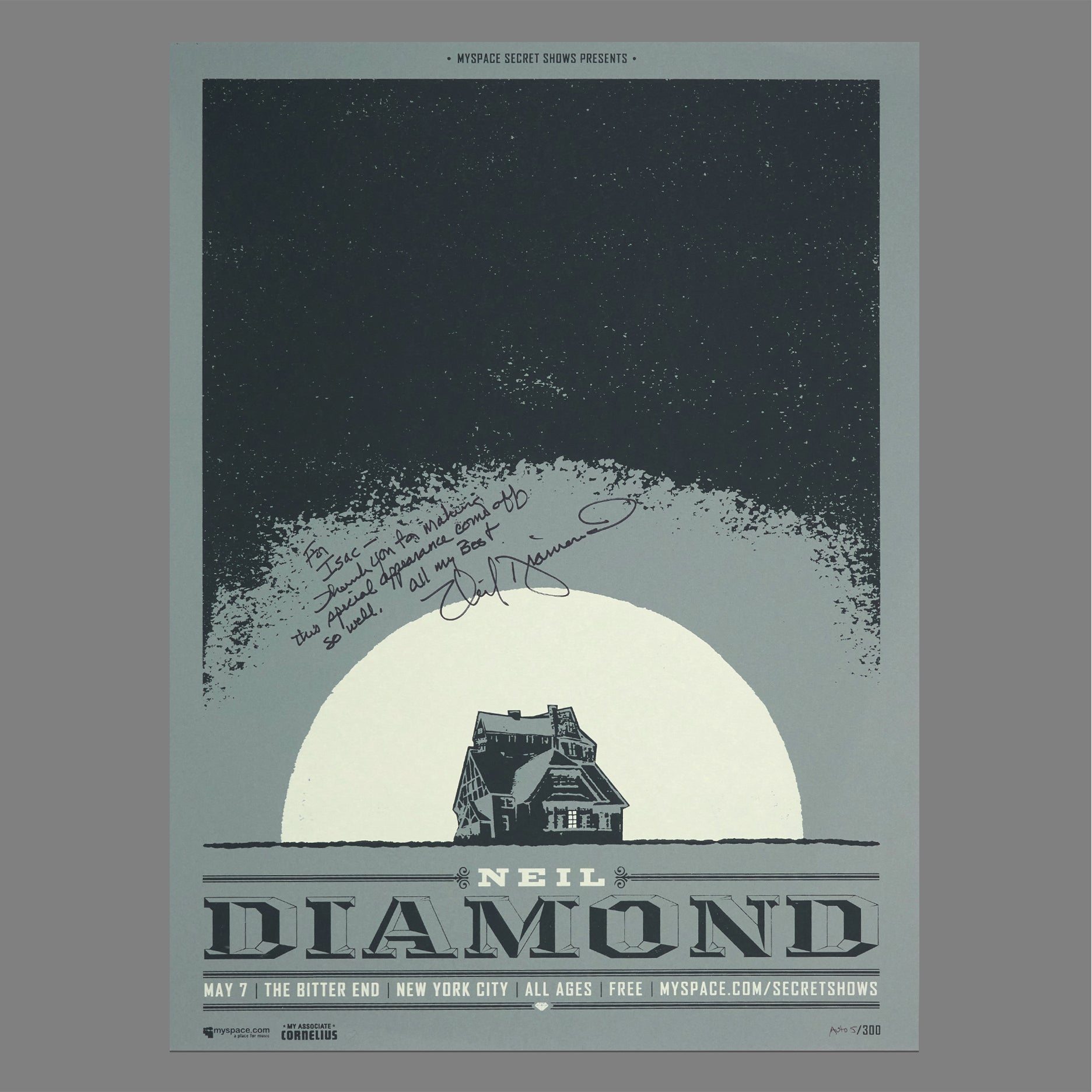 Neil Diamond - 2008 MySpace Secret Show 18X24 Inch LTD ED Autographed Glow In The Dark Silkscreened Poster Number 5 Of 5 A/P
