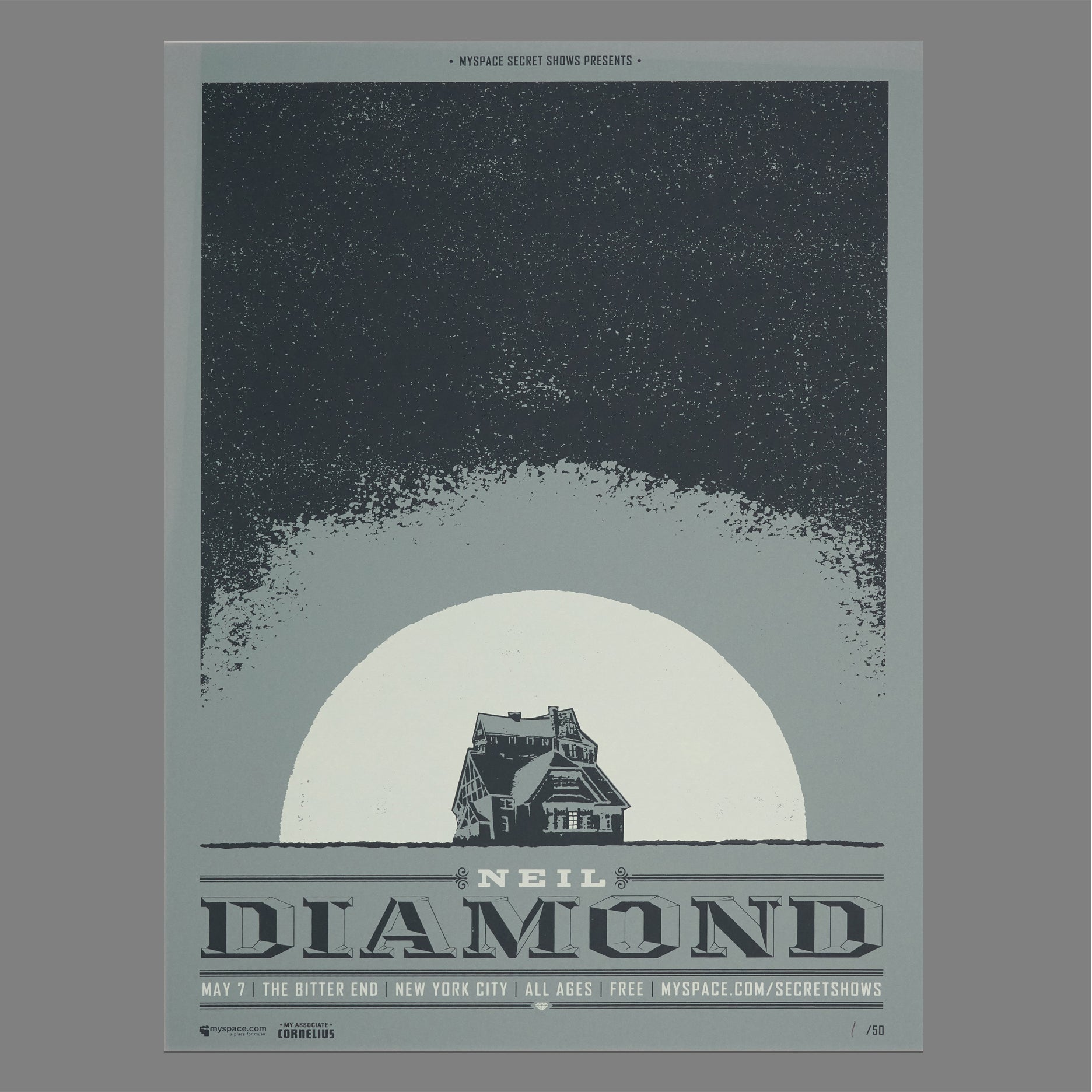 Neil Diamond - 2008 MySpace Secret Show 18X24 Inch LTD ED Glow In The Dark Silkscreened Poster Number 1 Of 50