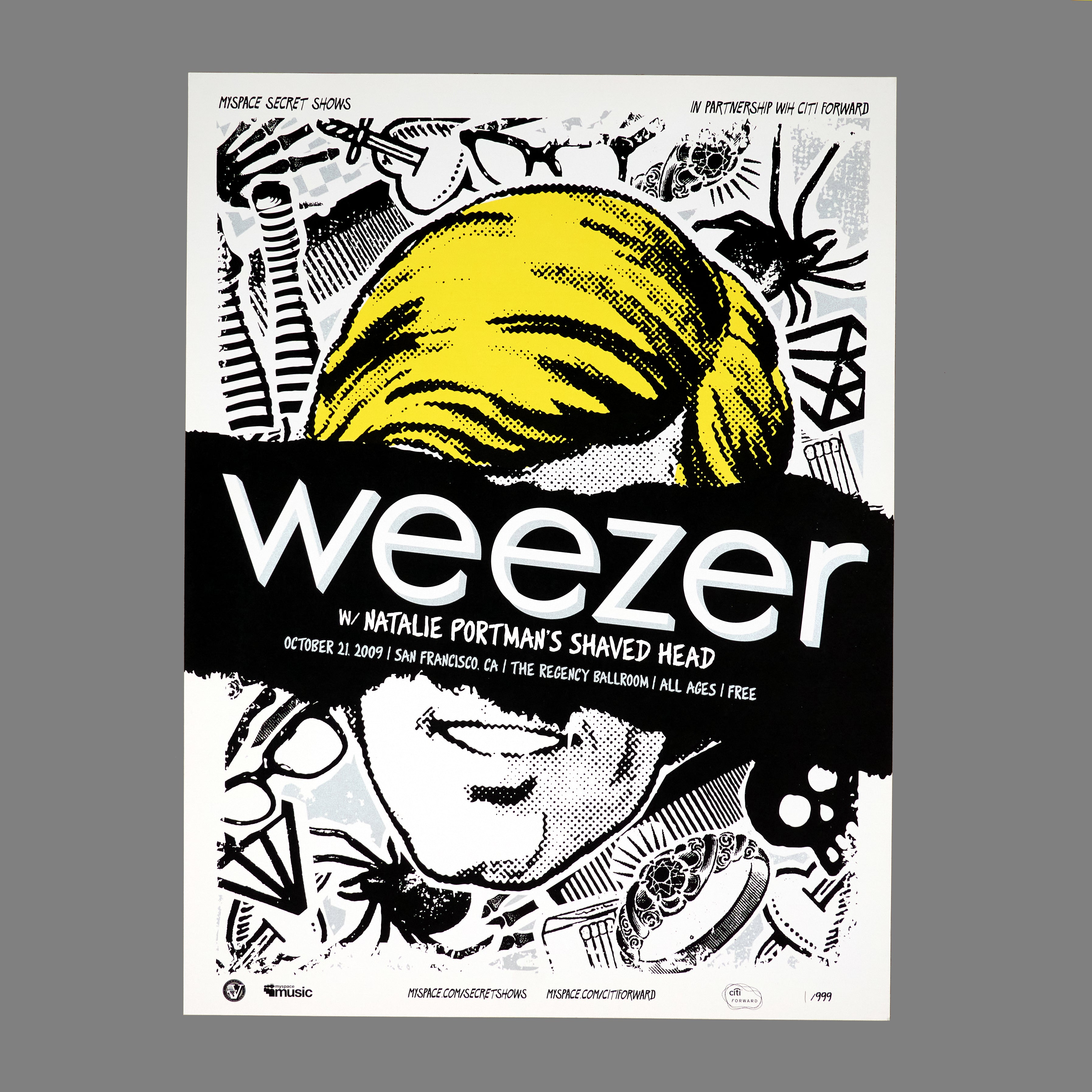 Weezer / Natalie Portman's Shaved Head - 2009 MySpace Secret Show 18X24 Inch Silkscreened Poster Number 1 Of 999