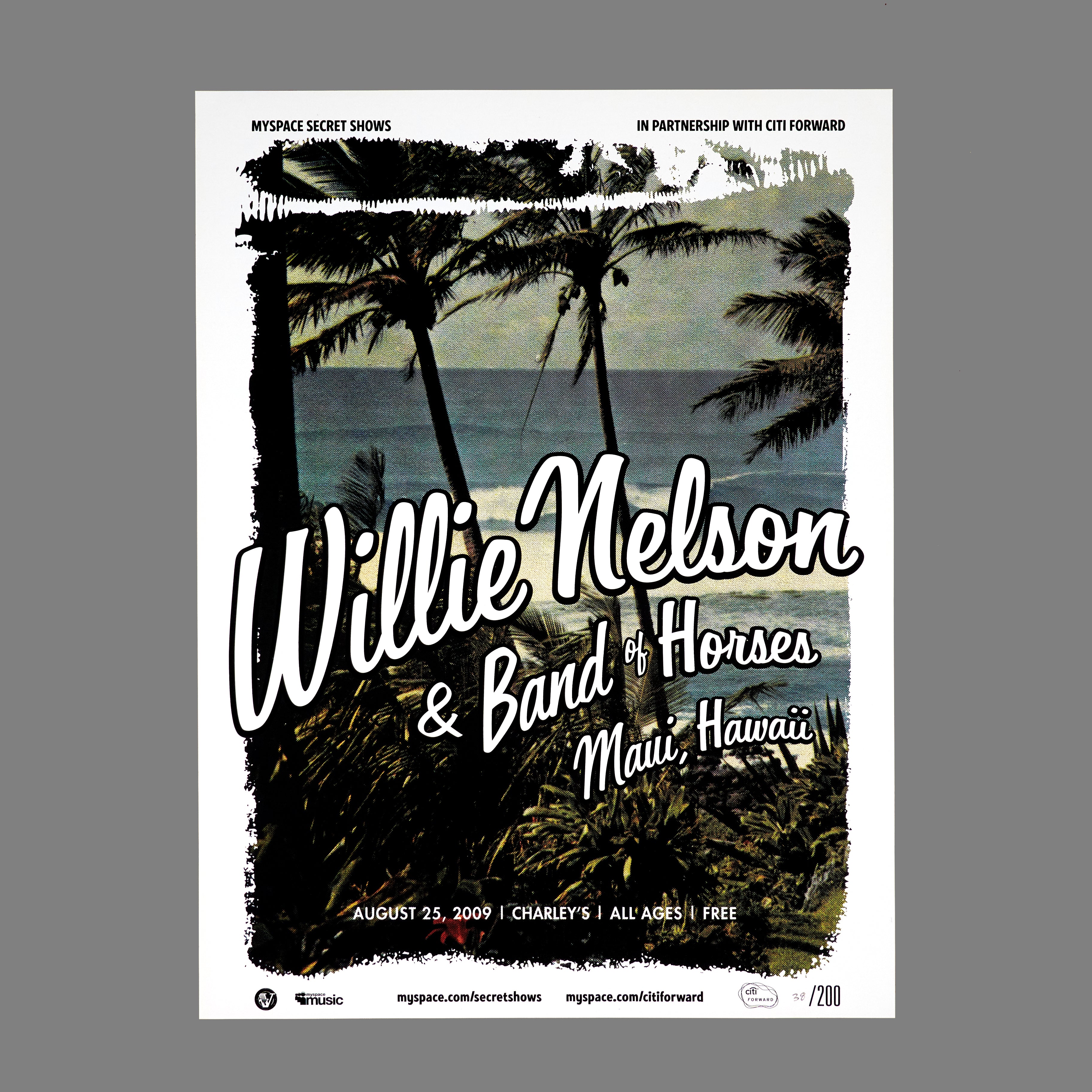 Willie Nelson / Band Of Horses - 2009 MySpace Secret Show 18X24 Inch Silkscreened Poster Number 38 Of 200