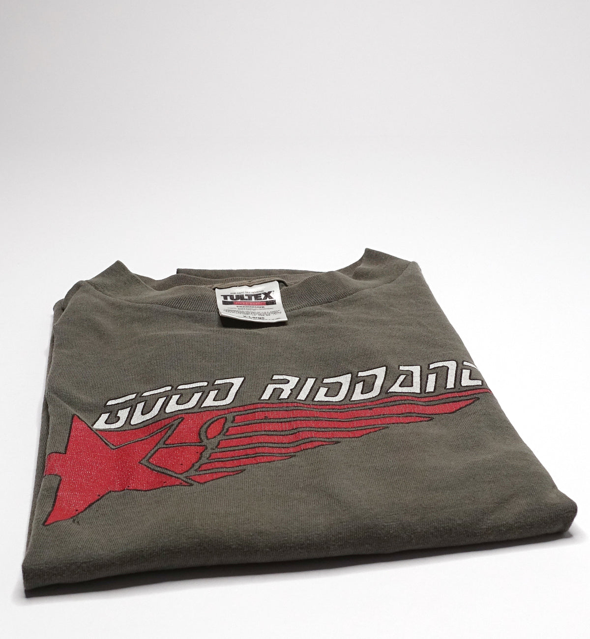 A gray 'Good Riddance' tour shirt with a red graphic on the front, displayed on a white background.